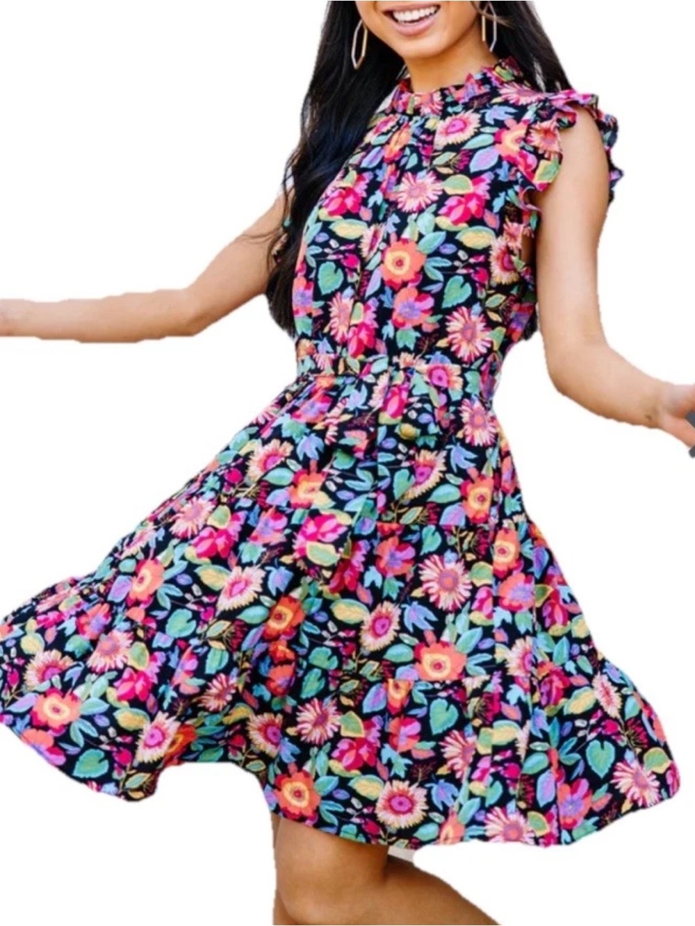 Hazel Blues Bold Moves Black Floral Ruffle Sleeve Midi Dress Plus Size 1XL NWOT